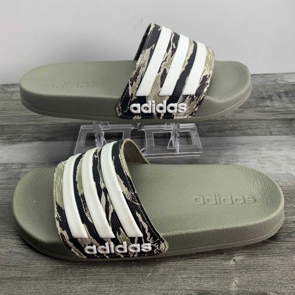 Adidas Adilette Shower Slides Olive Green Camo Tiger Stripe JQ2160 Youth Size 1
